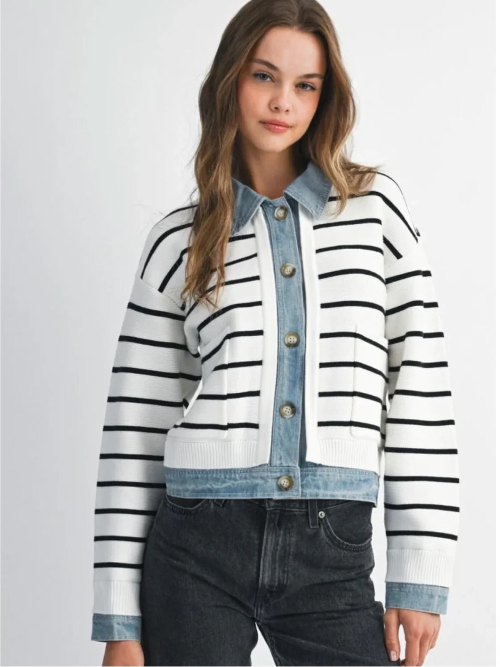 Mabel Striped Knit Denim Cardigan S NWT